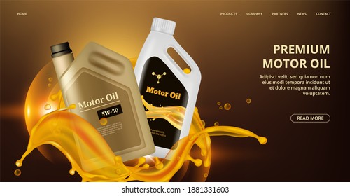 Engine Oil Landing Page. Motor Oil Web Page. Realistic Plastic Canistre, Car Repair Banner