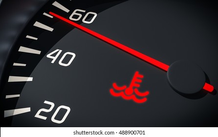 Engine overheating control. Coolant warning light in car dashboard. 3D rendered illustration. Close up view.