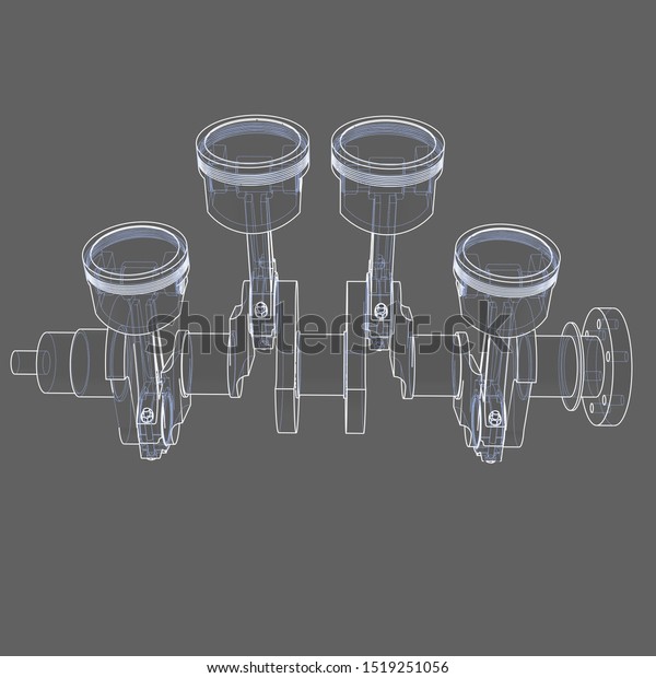 Engine pistons outline. 3D illustration. White\
lines and grey\
background