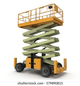 Engine Powered Scissor Lift On White. 3D Illustration