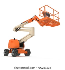 Engine Powered Scissor Lift On White. 3D Illustration