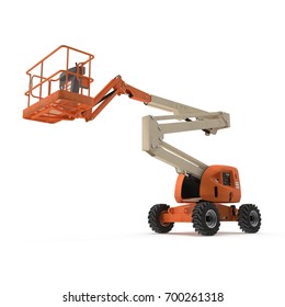 Engine Powered Scissor Lift On White. 3D Illustration