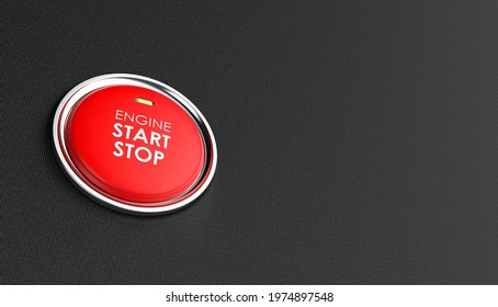 Engine start stop button. Car dashboard element. Luxury car is a new technology used of starting the engine. Button to start the engine with inscription start, stop background. 3D illustration.