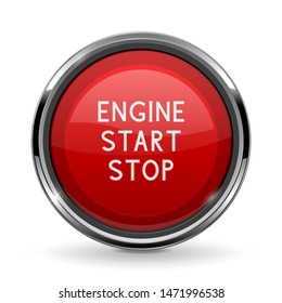 Engine Start Stop Button With Chrome Frame. Red Car Dashboard Element. 3d Illustration Isolated On White Background. Raster Version