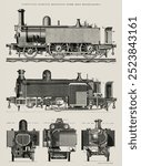 Engine train and its compartments by Edward Charles Healey (1869), vintage drawing poster of train engines, Engine illustration of vintage train, train etching illustration 