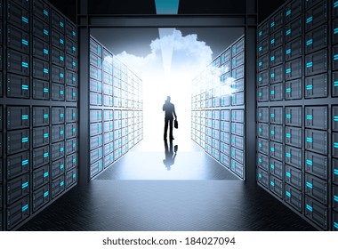 Engineer Business Man In 3d Network Server Room And Cloud Inside As Concept 