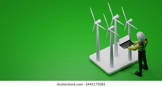 An engineer in a high-visibility vest and safety helmet analyzes data on a laptop with wind turbines on green background. - Powered by Shutterstock