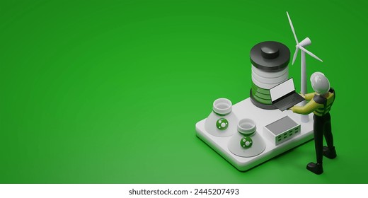 An engineer in a high-visibility vest and safety helmet analyzes data on a laptop with wind turbines on green background. - Powered by Shutterstock