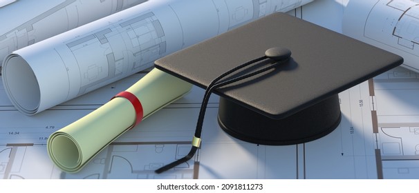 Engineer studies graduate. College diploma cap on construction project drawings. Technical education, Architect student and engineering degree concept. 3d illustration
