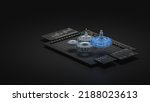 Engineering designer design 3D CAD software program Industrial engine model mechanical dimensional digital manufacturing factory engineer computer screen. 3d rendering.