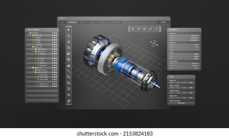 Engineering Designer Design 3D Cad Software Program Industrial Engine Model Mechanical Dimensional Digital Manufacturing Factory Engineer Computer Screen. 3d Rendering.