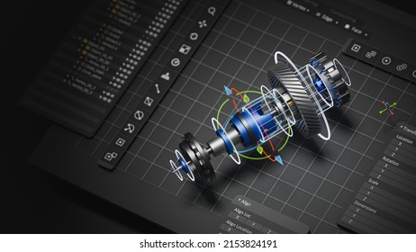 Engineering Designer Design 3D Cad Software Program Industrial Engine Model Mechanical Dimensional Digital Manufacturing Factory Engineer Computer Screen. 3d Rendering.