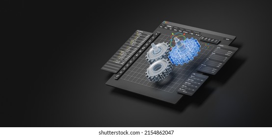 Engineering Designer Design 3D CAD Software Program Industrial Engine Model Mechanical Dimensional Digital Manufacturing Factory Engineer Computer Screen. 3d Rendering.