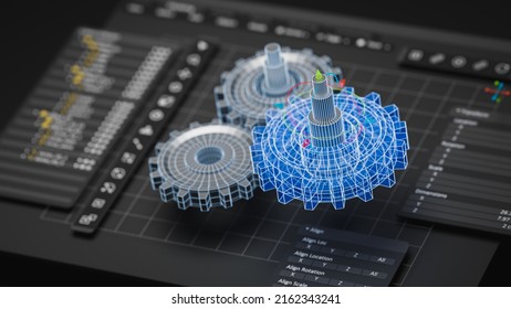 Engineering Designer Design 3D CAD Software Program Industrial Engine Model Mechanical Dimensional Digital Manufacturing Factory Engineer Computer Screen. 3d Rendering.