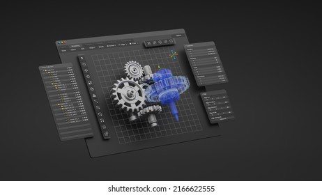 Engineering Designer Design 3D CAD Software Program Industrial Engine Model Mechanical Dimensional Digital Manufacturing Factory Engineer Computer Screen. 3d Rendering.