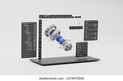 Engineering Designer Design 3D CAD Software Program Industrial Engine Model Mechanical Dimensional Digital Manufacturing Factory Engineer Computer Screen. 3d Rendering.