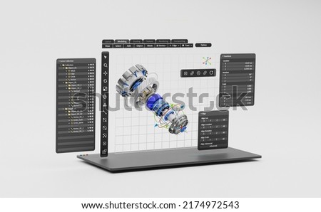 Engineering designer design 3D CAD software program Industrial engine model mechanical dimensional digital manufacturing factory engineer computer screen. 3d rendering. [[stock_photo]] © 