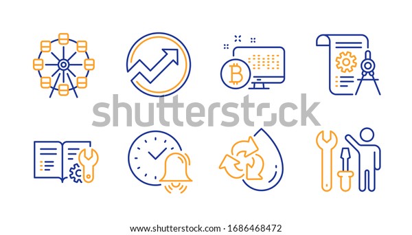 Engineering\
documentation, Recycle water and Ferris wheel line icons set. Alarm\
bell, Bitcoin system and Divider document signs. Audit, Repairman\
symbols. Manual, Refill aqua. Business\
set.