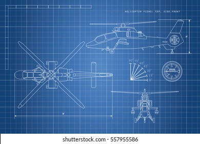 Engineering Drawing Of Helicopter. Helicopters View. 