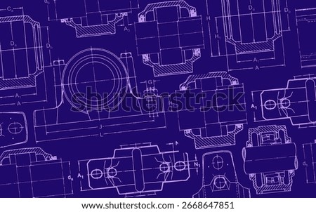 Engineering line drawing of plummer block housing with rolling bearings. blue background illustration. Industrial technical drawing on blue background.	