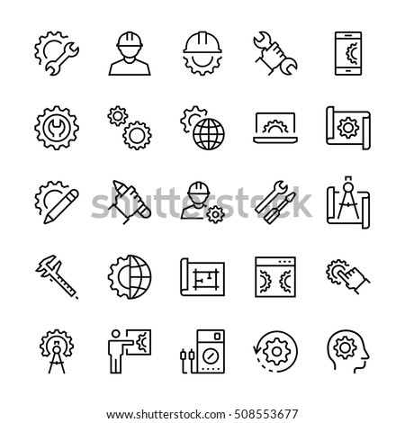 Engineering and manufacturing icon set in thin line style. 