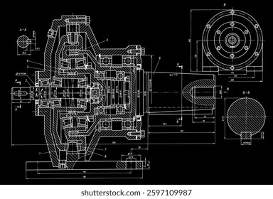 Engineering mechanical pencil drawing set of steel devices (reducer, gearbox, engine) with dimension lines. Industrial cad scheme on paper sheet. Technology background of machine building industry.