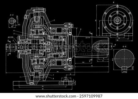 Engineering mechanical pencil drawing set of steel devices (reducer, gearbox, engine) with dimension lines. Industrial cad scheme on paper sheet. Technology background of machine building industry.