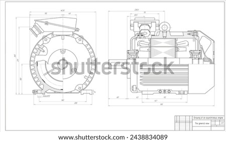 Engineering technical drawing of asynchronous
motor. The design of mechanical part
of machine with dimension lines. Cad schematic diagram. 
The general view. Assembly project.