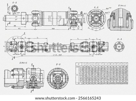 Engineering technical drawing of driveshaft of car
with size table. Set of cad schemes of automobile shafts.
 Mechanical background. Machined hand drawn
on paper sheet design documentation.