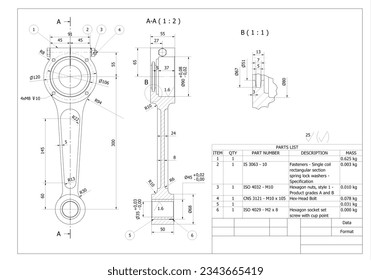 Engineering Technical Drawing Graphics of a rod crank from combustion engine in a car