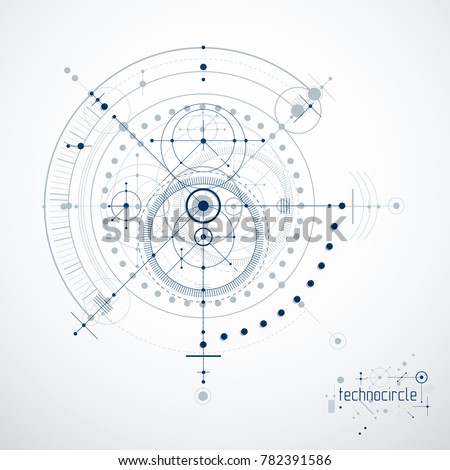 Engineering technological wallpaper made with circles and lines. Modern geometric composition can be used as template and layout. Abstract technical background.