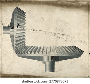 Engineering: two intermeshed crown gears Coloured drawing, 1845. Vintage painting and art illustration.