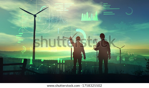 Engineers are watching over the work of wind\
turbines and virtual data. 3D\
illustration
