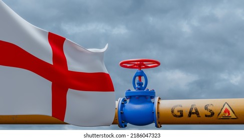 England Gas, Valve On The Main Gas Pipeline England, Pipeline With Flag England, Pipes Of Gas From England, 3D Work And 3D Image