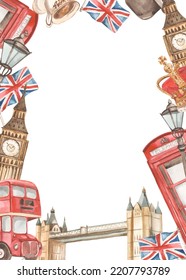 England Landmarks, Big Ben, Double Decker Bus, United Kingdom Flag, Crown, Cup Of Tea Watercolor Frame