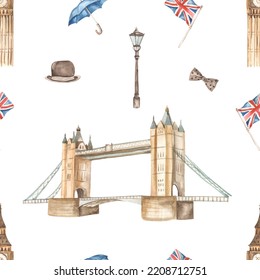 England Landmarks, Big Ben, Tower Bridge, Flag, Hat, Umbrella, English Style Texture Watercolor Seamless Pattern