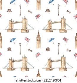 England Landmarks, Big Ben, Tower Bridge, Flag, Hat, Umbrella, English Style Texture On White Background Watercolor Seamless Pattern