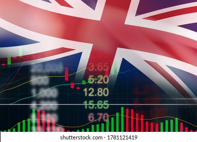 England Stock Market And Forex Indicator Trading Graph With British Flag. Stock Exchange London Chart Business Growth Finance Crisis Economy Coronavirus Recovery 2020