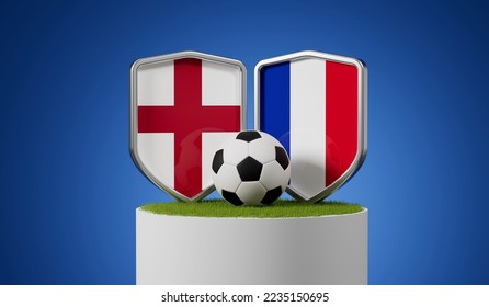 England vs France soccer shields with football ball on a grass podium. 3D Rendering. 3D Illustration - Powered by Shutterstock