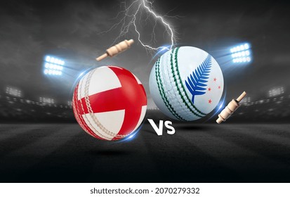 England Vs New Zealand Cricket Balls With Flag. 3d Rendering Illustration.