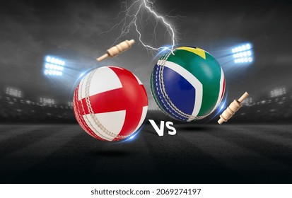 England Vs South Africa, Cricket Balls With Flag. 3D Rendering Illustration.