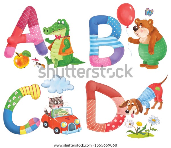 English alphabet. Capital letters A, B, C, D.\
Illustration for children. Coloring page. Cute and funny cartoon\
characters isolated on\
white