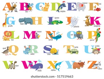 可愛い動物を持つ子ども向けの英語のアルファベット 未就学者向けの手紙のポスター のイラスト素材