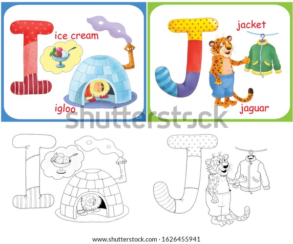 English alphabet in cute pictures. Capital\
letters I and J. Ice cream, igloo, jaguar, jacket.  Coloring book.\
Coloring page. Cute and funny cartoon characters isolated on white\
background