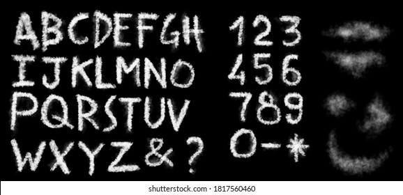 The English Alphabet And Numbers From Smoke On Black Background. Uppercase Letters On The Dark Background