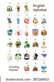 English Alphabet series of Amusing Animals. All 26 letters in one Poster file. Woodland Animals. Cartoon illustration Animals for letters. A B C D E F J H I G K L M N O P Q R S T U V W X Y Z  