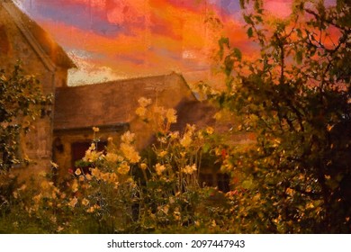English country cottage with white wild flowers in the garden against sunset skies digital brush and ink pen oil painting for canvas prints