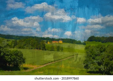 English countryside on a summers day with blue cloudy skies digital brush oil painting