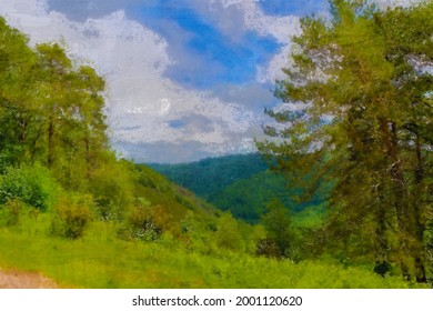 English countryside and a view across the valley in summer with blue skies and white clouds digital brush oil painting