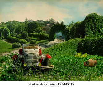 English Garden And Ccabriolet. With The Presence Of Surreal Details